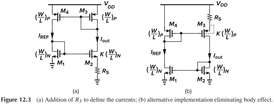 Figure 12.3 (a) Addition of RS to define the currents (b) alternative implementation eliminating body effect